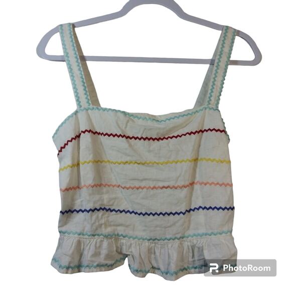 Forever 21 Rainbow White Ric-rac Trimmed Cotton Linen Ruffle Top Size L - Picture 1 of 9